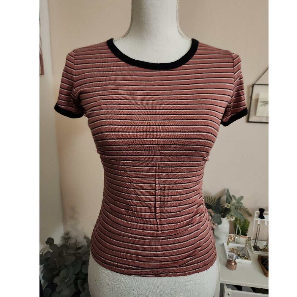 Brick Red and Black Striped Rayon Tee Short Sleeve